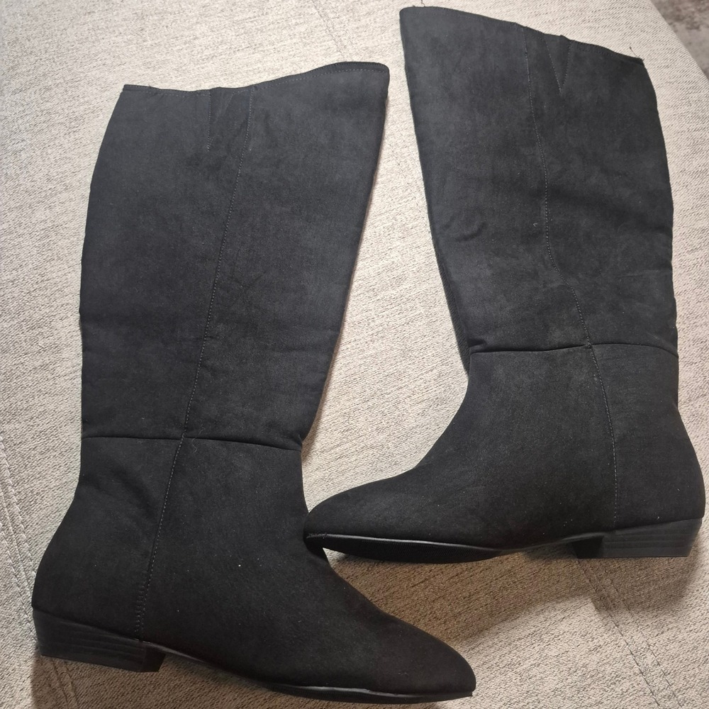 Womens Black Faux Suede Tall Knee High Flat Boots Round Toe Pull On Style